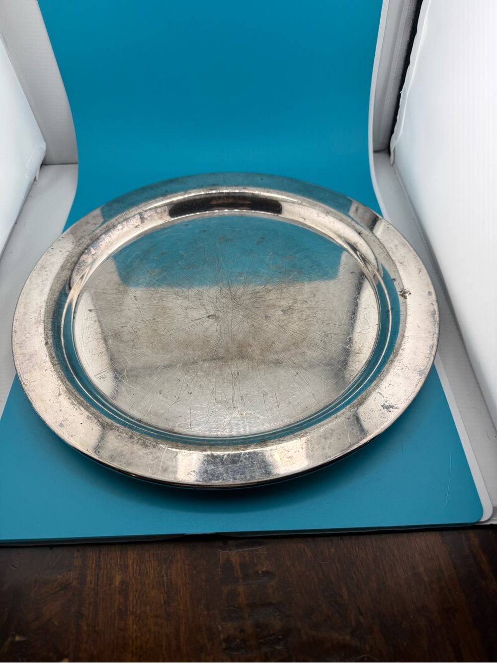Vintage 12” Silver Tone Round Serving Tray Bar Cart Vanity Decor